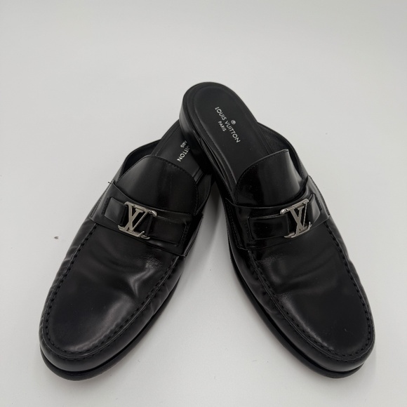 Louis Vuitton Black Leather Slip-On Loafers with LV Hardware - Picture 1 of 4
